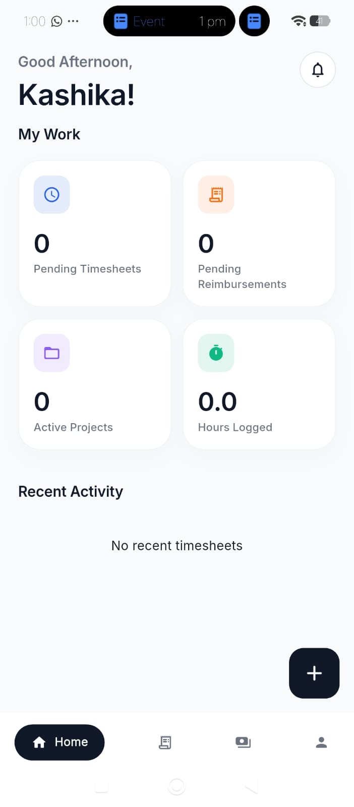 Billables mobile app home screen